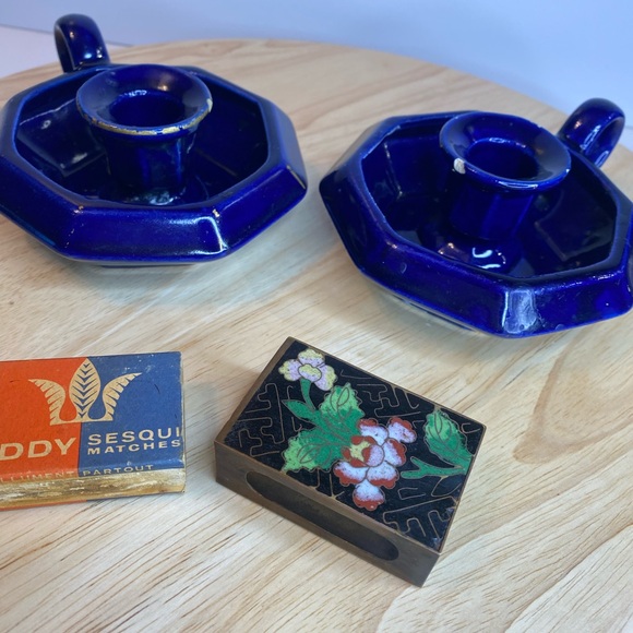 Vintage Brass Cloisonné Match Holder & Candle Holders Colbolt Blue Taper Candle - Picture 5 of 14